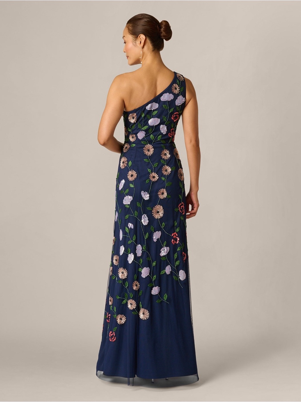 Adrianna Papell Navy Floral Sequin One Shoulder Gown Size 6 NWT GALA MOB Formal - Picture 3 of 15